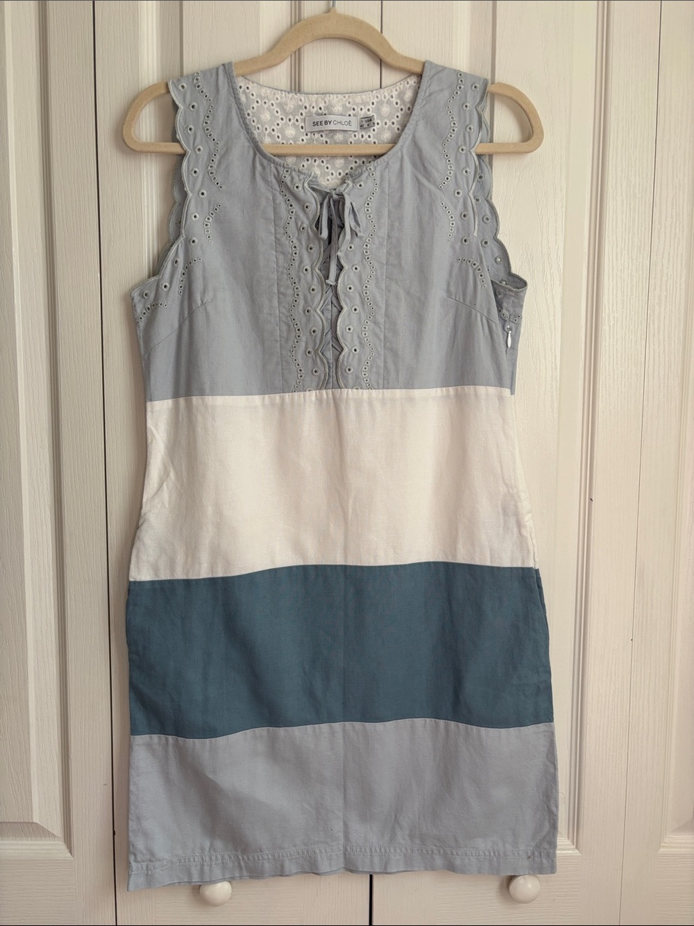 See By Chloe Blue And White Colorblock Sleeveless Dress. Cotton Flax. Size 6
